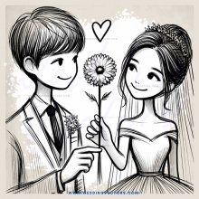 a bride and groom holding a flower