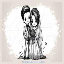 a cartoon drawing of bride and groom with hearts all around them