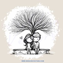 a couple sitting under a tree with a heart