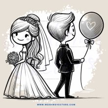 a bride and groom holding a balloon