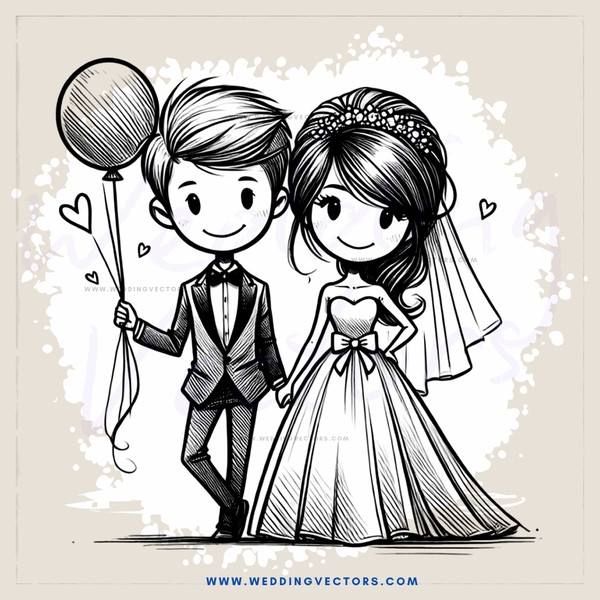 a bride and groom with a balloon