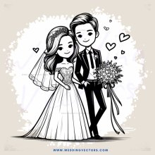 a couple in wedding attire holding flowers