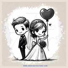 a bride and groom holding hands with a heart balloon