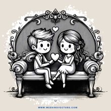 a couple in love sitting on a bench with hearts over their heads