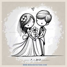 wedding couple holding flowers and flower garland in cartoon drawing