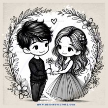 a boy and girl holding flowers in an art piece