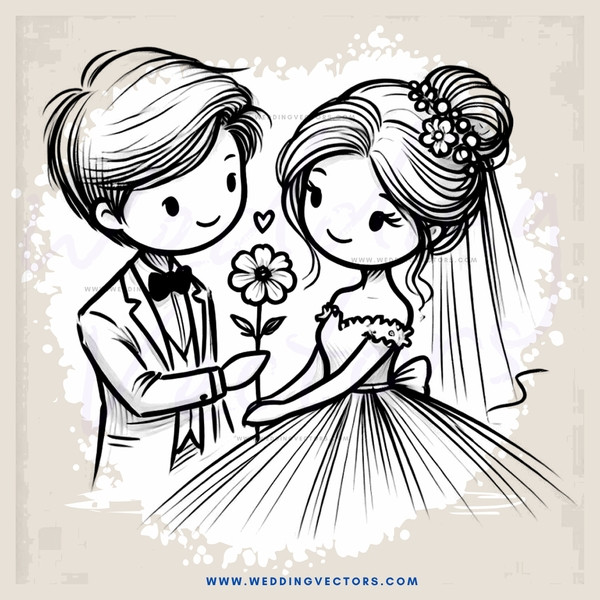 a bride and groom with flower