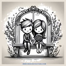 two people sitting on a bench with flowers and hearts