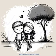 a couple sitting next to a tree with hearts and smiles