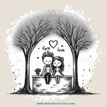 a couple sitting under an arched tree with a heart in the center