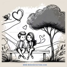 a couple sitting on a bench with trees and hearts in the background