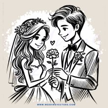 a bride and groom holding flowers