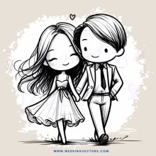 couple walking hand in hand in black and white cartoon