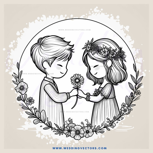 a girl and boy exchanging flowers