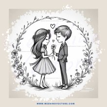 a boy and girl standing under an arch of flowers with an i heart you balloon in the air between them