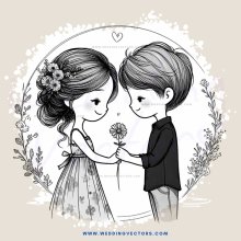 two people holding hands and smiling with a flower on girl's head