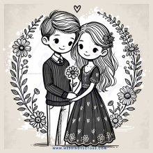 a boy and girl holding flowers inside an arch with leaves