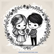 a couple holding flowers in an intricate wreath
