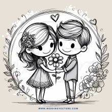 a cartoon couple holding flowers and wearing dresses