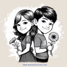 a boy and girl holding flowers