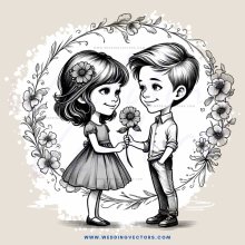 a young boy and girl exchange flowers