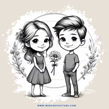 girl and boy with flower in plain graphic art