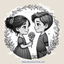 a boy and girl flowered in wreath around their hearts