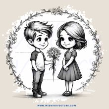 a boy and girl holding flowers within an arch