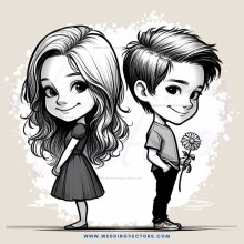 boy and girl standing next to each other with one flower