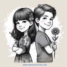 two children hold flowers and pose for picture