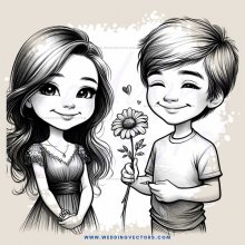 a cartoon drawing of two people holding flowers and smiling