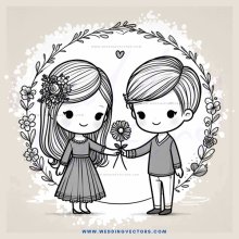cartoon boy and girl holding flowers