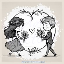 couple holding flowers and love symbol