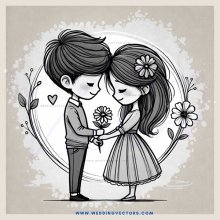 lovers embracing in front of flowers