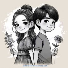 a boy and girl holding flowers, smiling