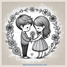 cartoon boy and girl holding flower