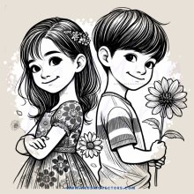 two children holding flowers and smiling