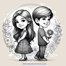a cartoon couple posing for picture with flowers on their lapel