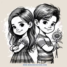 a boy and girl pose with flowers