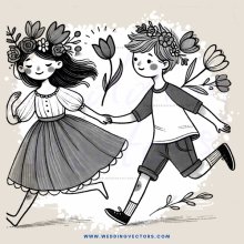 a boy and girl running together with flowers in their hair