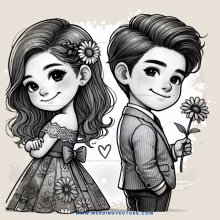 cartoon boy and girl with flowers in their hair