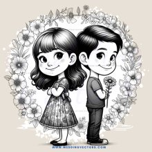 two children posing for a picture with flowers and trees