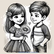 a girl and boy with flowers in hand