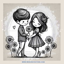 a boy and girl holding flowers near weeds