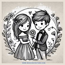 boy and girl holding flowers with hearts and flowers on their heads