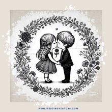 an inked kissing couple in an outdoor garden setting with roses and lilies