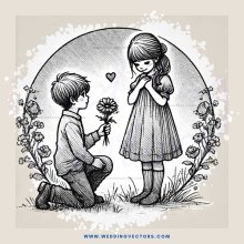 two children on grass looking at each other with flowers and hearts in their hands