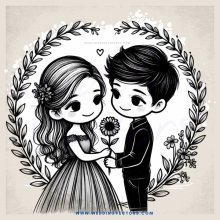 a couple in a vine wreath with hearts
