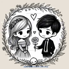 a black and white illustration of a couple holding flowers in an ivy frame