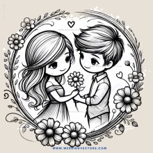a young couple holding flowers within an oval frame